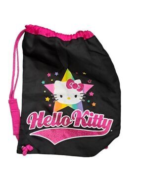 HELLO Kitty nylon drawstring bag sack backpack library kids Swim Beach GLITTER